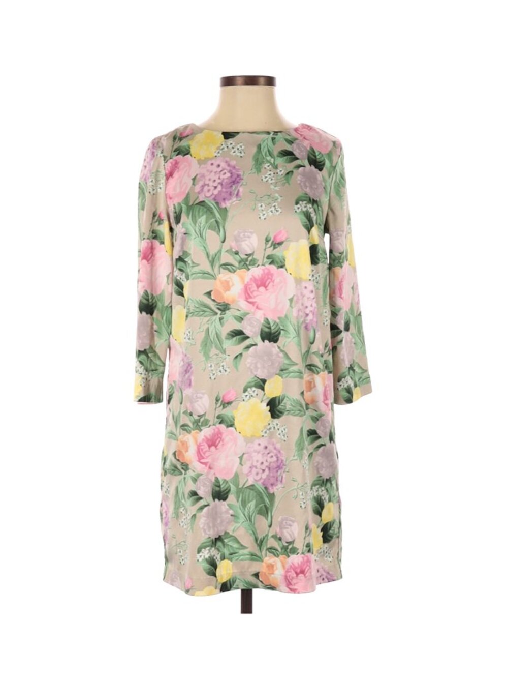 H&M Knee Length Long Sleeve Gray Floral Shift Dress